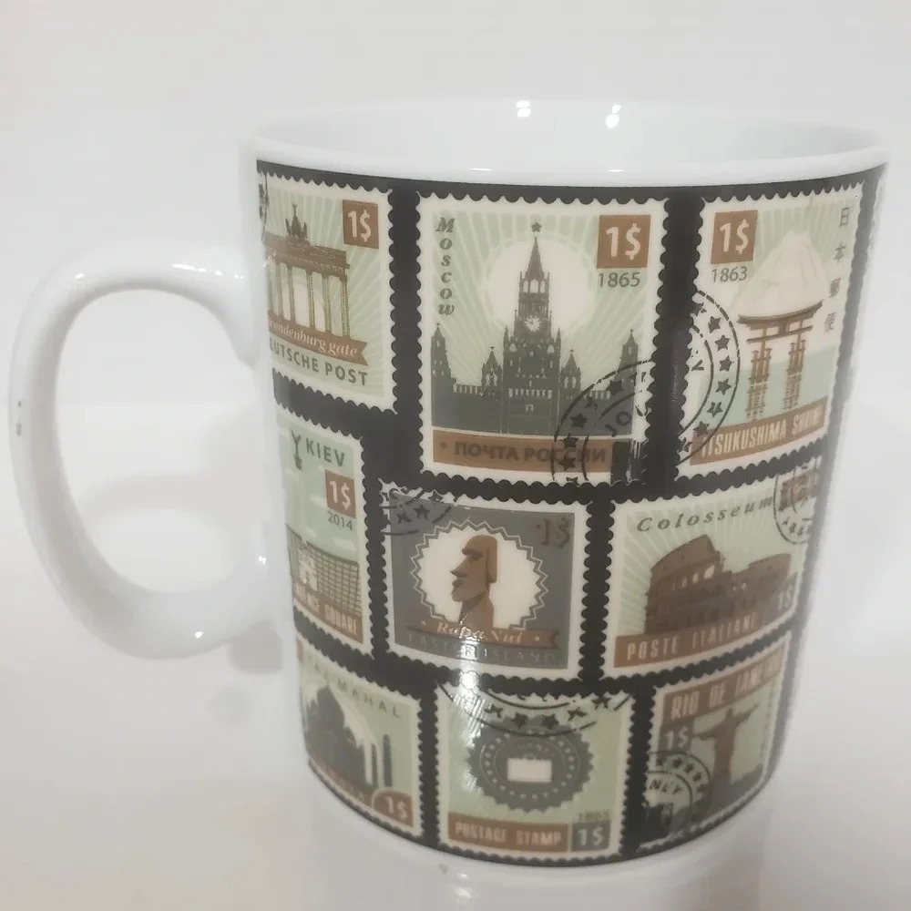 Morris National Large Coffee Mug with Postage Stamps.